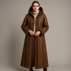 Vintage Womens L Brown 100%‎ Curly Sheepskin Shearling Hooded Penny Lane Coat